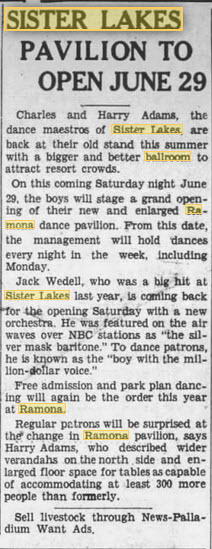 Ramona Ballroom/Dance Pavilion at Sister Lakes - 27 Jun 1935 Article (newer photo)